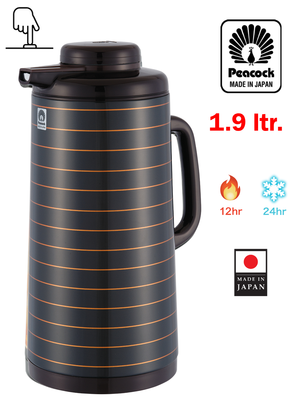 PEACOCK ترمس الطاووس الياباني CIT-190GL(H) سعة 1.9 لتر بني غامق وخطوط ذهبية